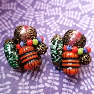 Vintage earrings mixed bead earrings colorful clip on back clipon